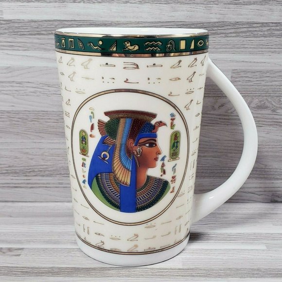 Fathy Mahmoud FM Fine Egyptian 10 oz. Coffee Mug Cup Beige Green White Gold - Picture 1 of 11